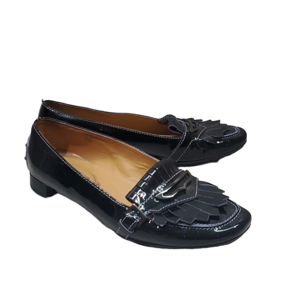 Tod's Black Patent Leather Kiltie Loafers